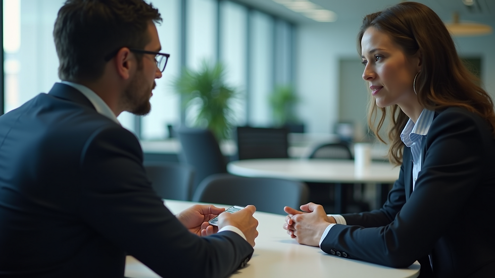 Eye-level view of a security consultant discussing safety measures with a client