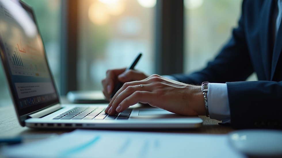 Close-up view of a consultant analyzing risk data on a laptop computer