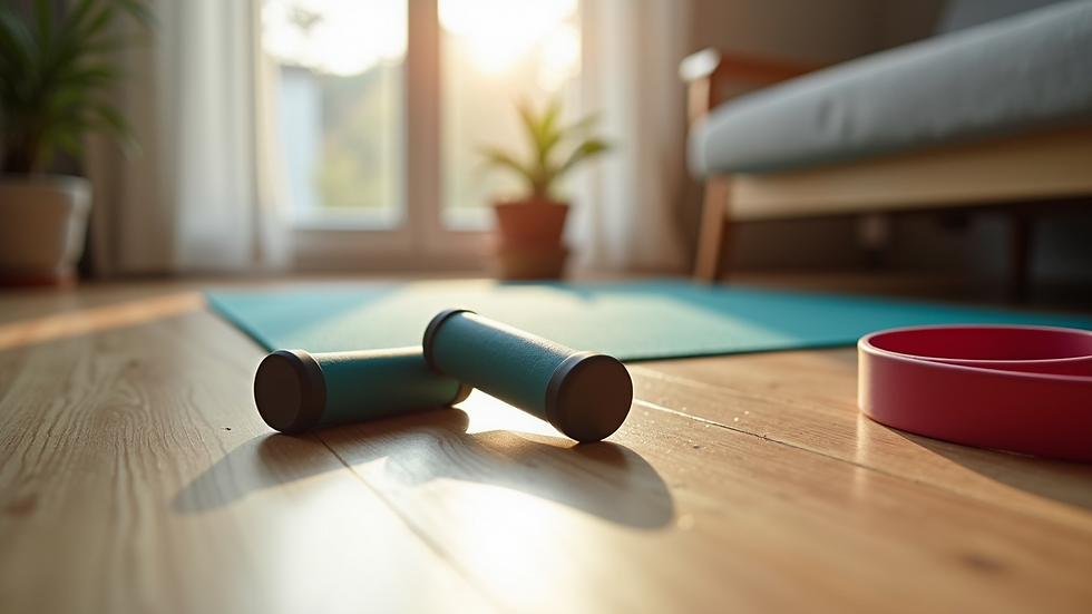 Close-up view of therapy tools and exercise bands on a home floor