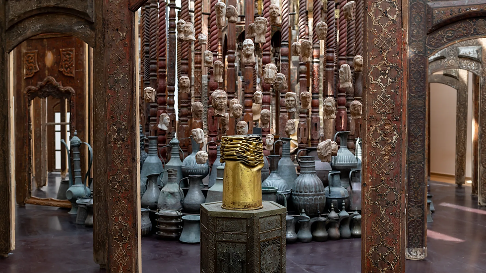 Interior of the National Museum of Beirut’s new annex wing, showing the inaugural exhibition “Portals and Pathways” in a contemporary gallery space.