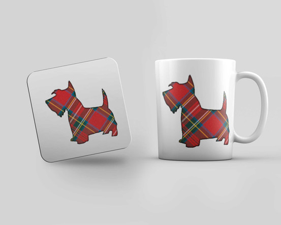 mug and coaster gift set with tartan scotty dog image
