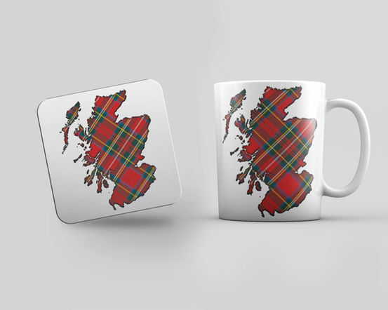 mug and coaster gift set with tartan Scotland outline