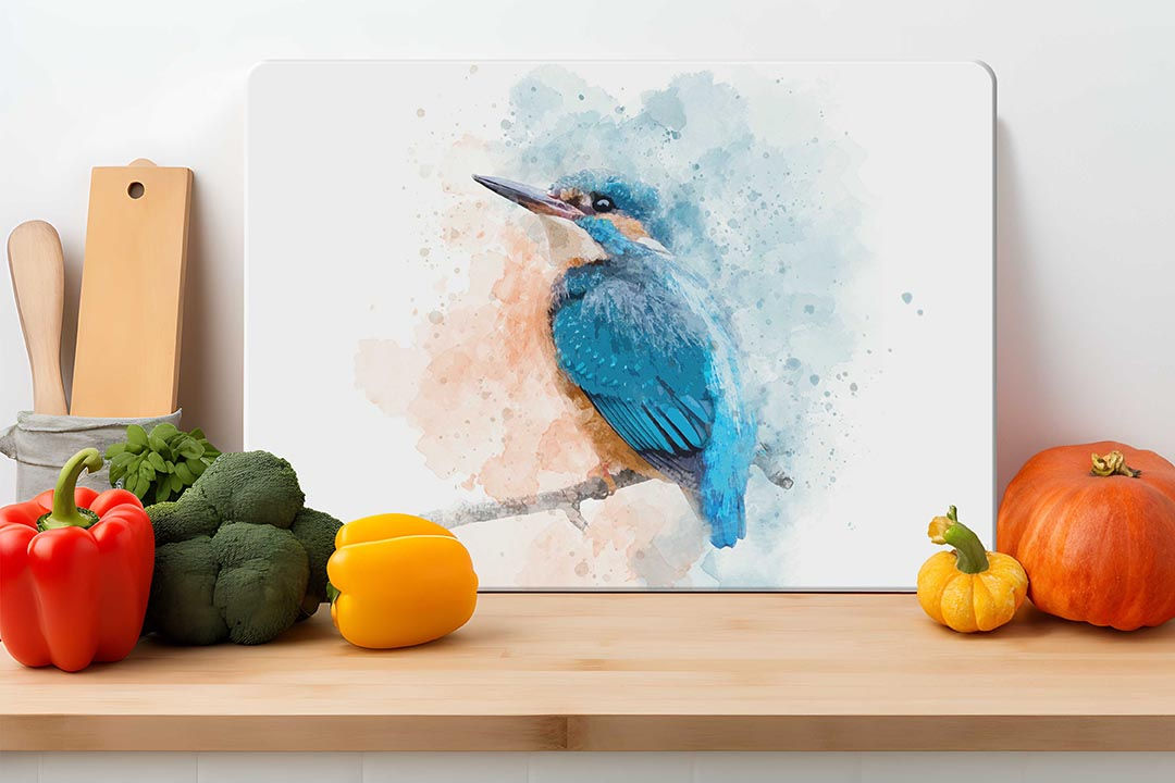 watercolour Kingfisher Glass Chopping Boards