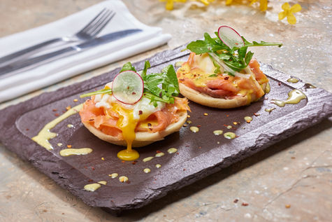 Hilton Trinidad & Conference Centre. Herbs & Spices Restaurant . Salmon Eggs Benedict. © Michele Jorsling Food Photography.