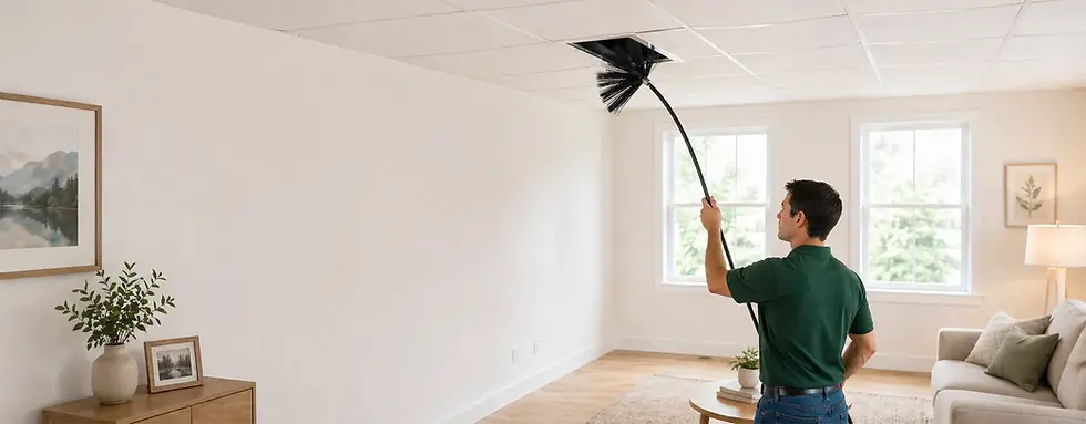 Technician cleaning air duct from a ceiling vent using a long rotary brush in a bright, modern living room, representing Green Duct Services.