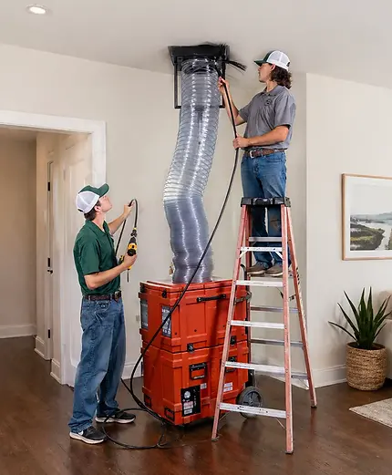 Two technicians performing professional air duct cleaning using a large vacuum system and rotary brush, working inside a home, showcasing Green Duct Services equipment and process.