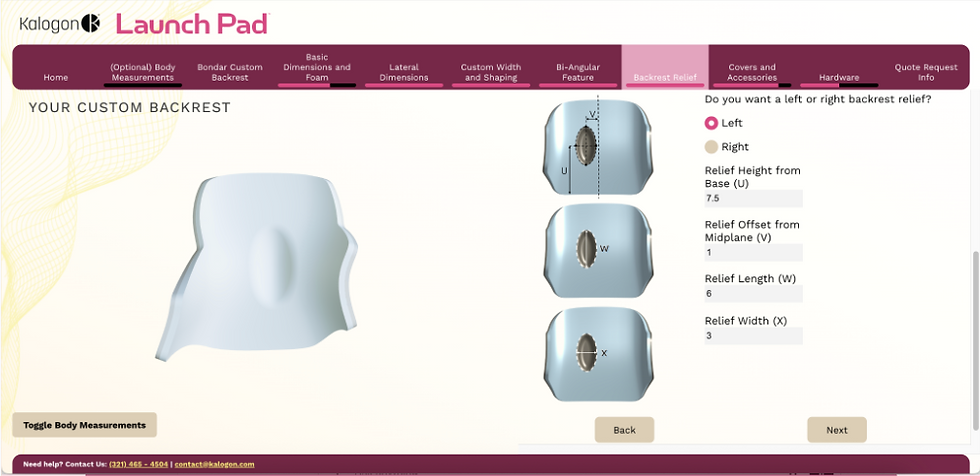 Custom backrest design interface with options for relief placement and dimensions highlighted. Features toggle for body measurements and contact info.