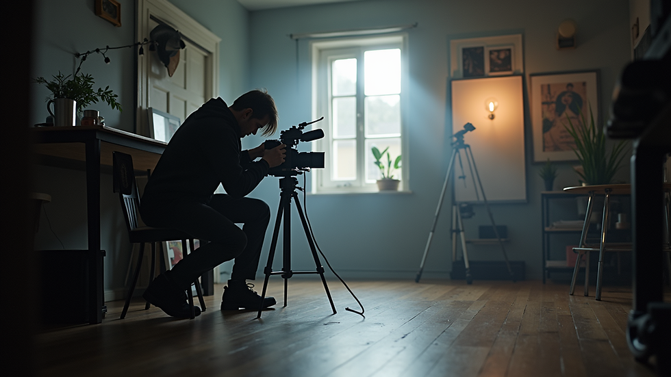 Eye-level view of a photographer setting up camera equipment in a studio