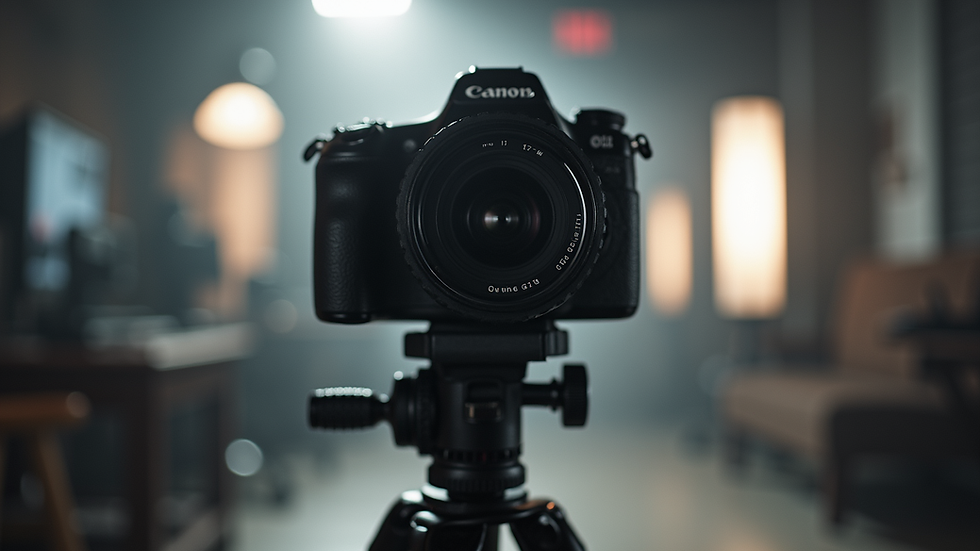 Eye-level view of a camera on a tripod in a studio setting
