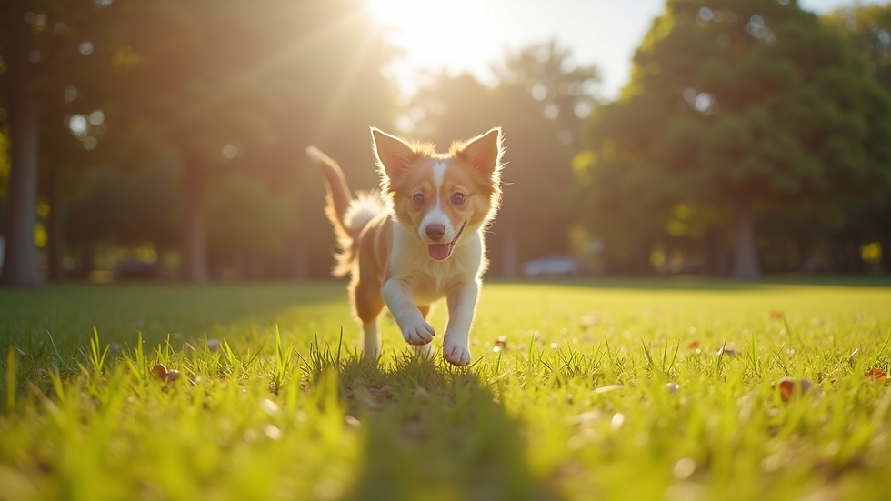 Wide angle view of a dog playing in a sunny park