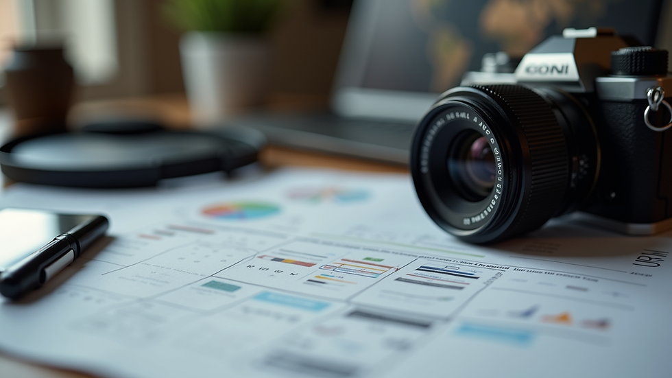 Close-up view of a camera lens and photography business plan on a desk