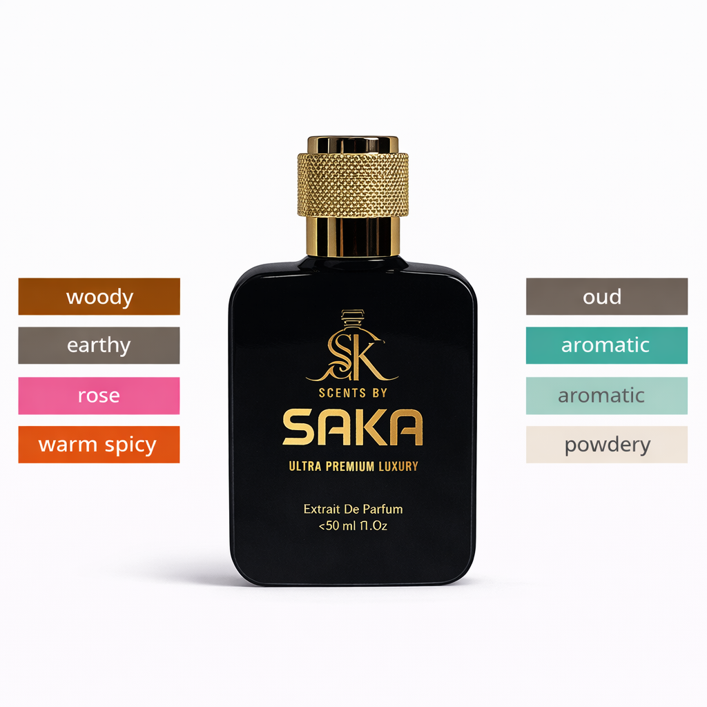 Rawda floral woody musk perfume bottle with warm amber tones and elegant feminine design