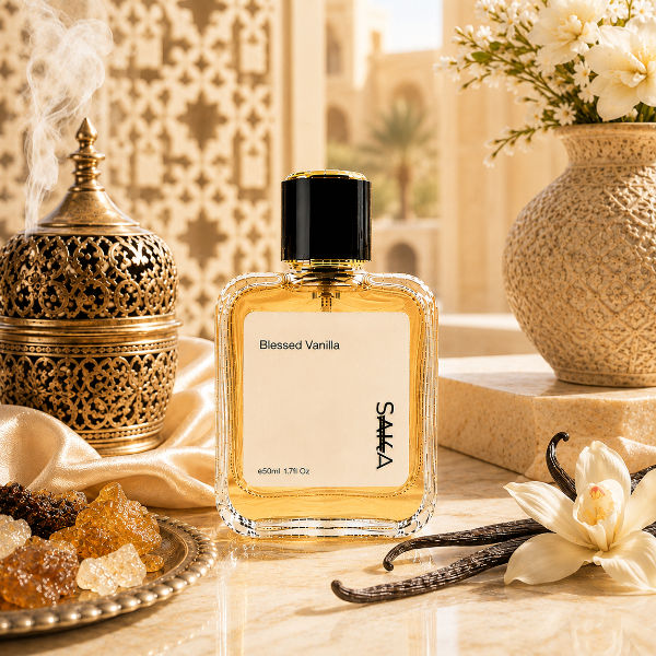 Blessed Vanilla perfume bottle with frankincense resins, vanilla pods, and bakhoor burner.