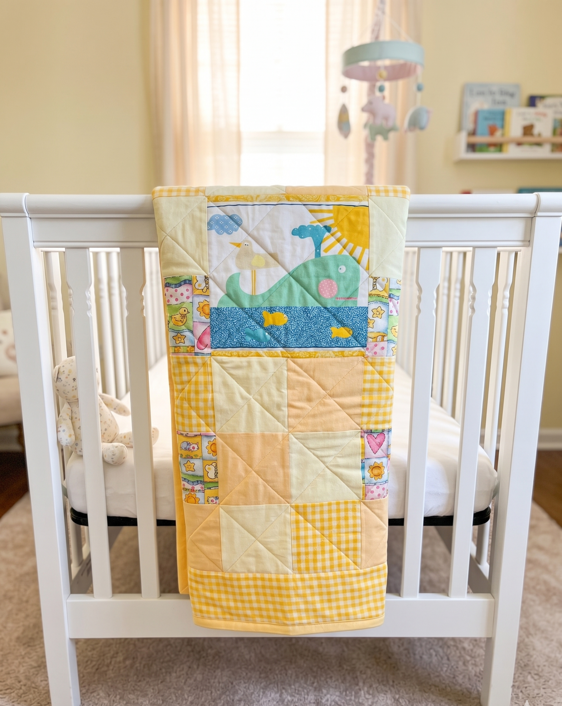 Yellow Gingham & Whale Baby Quilt-Gender Neutral