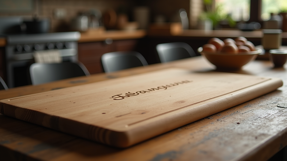 Eye-level view of engraved wooden dining board on rustic kitchen table