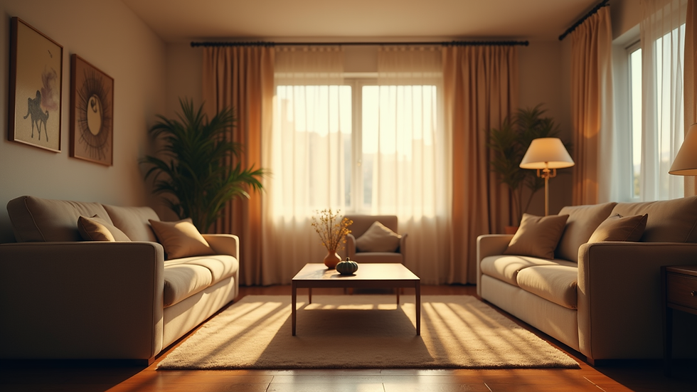 Eye-level view of a cozy living room with warm lighting and comfortable furniture