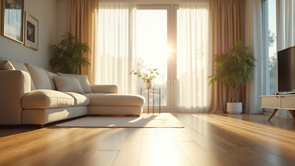 Eye-level view of a sparkling clean living room with bright sunlight streaming through the windows