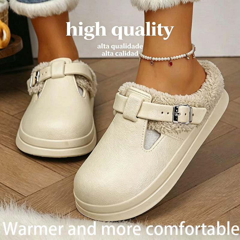 Thumbnail: Waterproof Eva Furry Mules Slippers Women 2025 Winter Metal Buckle Warm Plush Sl