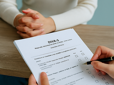 Two people seated at a table during an ADHD assessment, with one marking a DIVA-5 questionnaire.