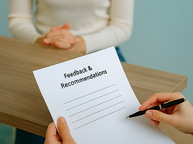 Two people seated at a table, one holding a “Feedback & Recommendations” form, suggesting a reflective or evaluative conversa