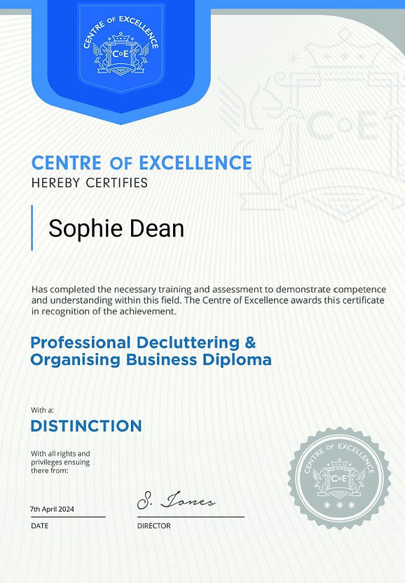 Sophie Dean professional organiser business diploma.