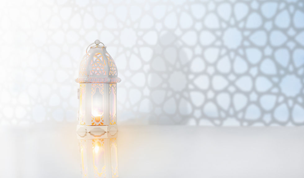 Ramadan Kareem greeting. Islamic lantern near mosque with night sky with crescent moon and