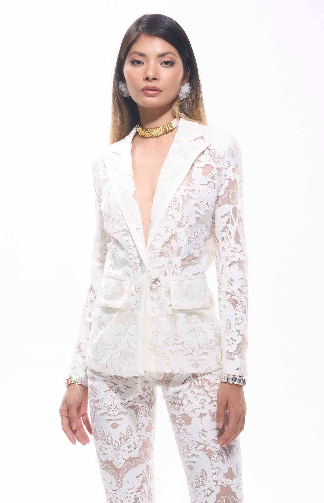 Carie Sequin Floral Lace Set White