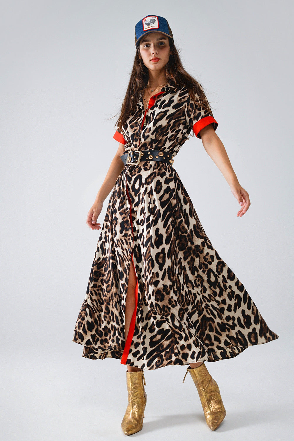 Maxi Leopard Button-Down Dress With Red Details