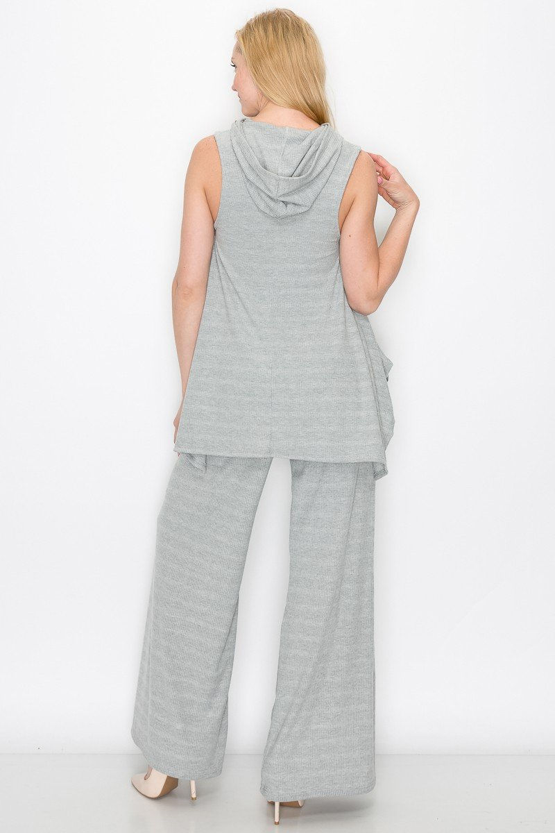 Thumbnail: Sleeveless Hooded Top and Wide Leg Pants Set - Gray