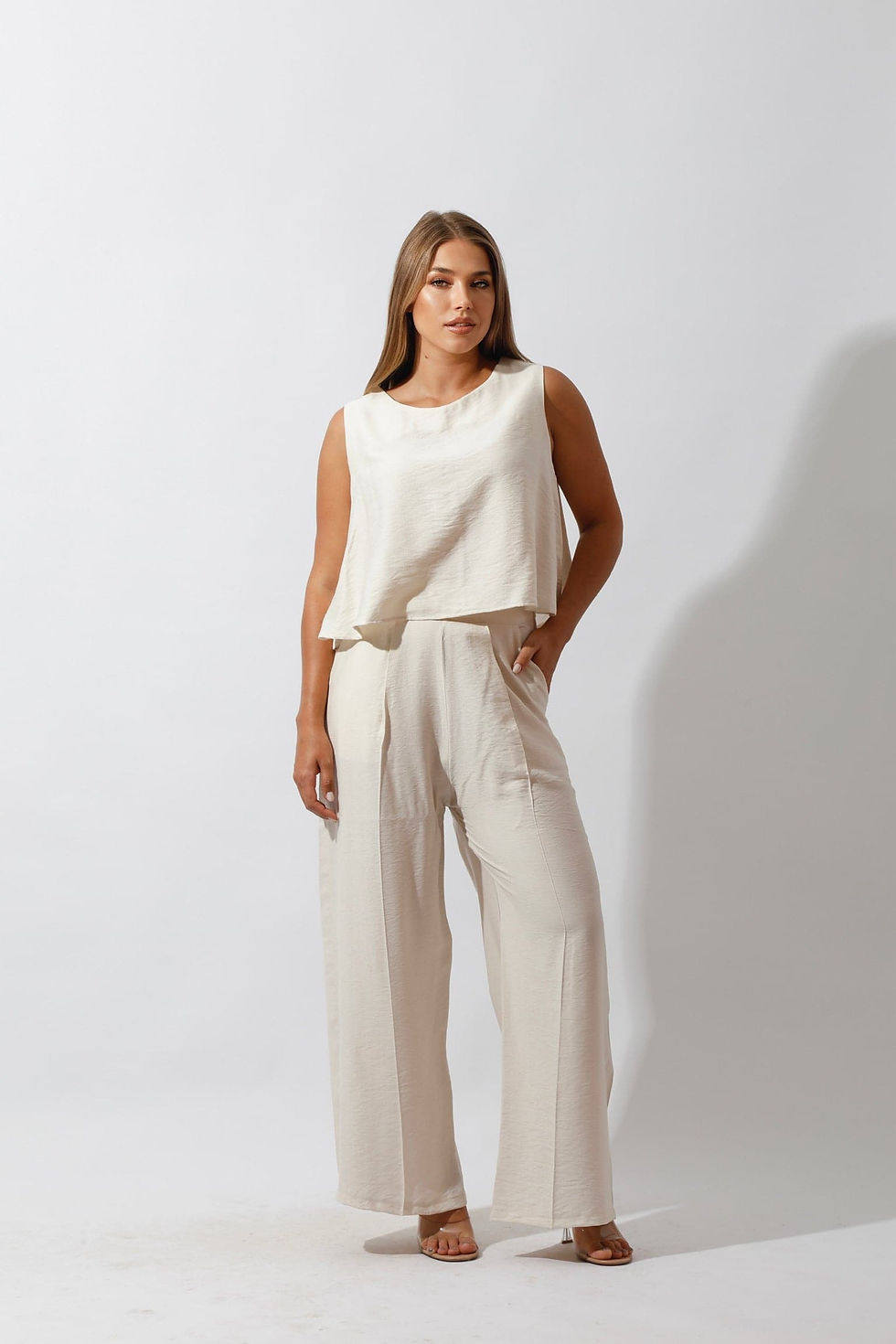 Thumbnail: Sleeveless Tank Top & Wide Leg Pants Lounge Set - Beige