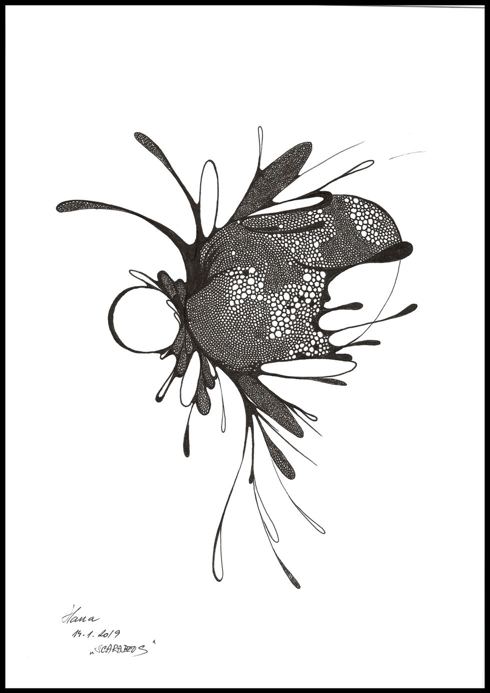 Série Bublinky, intuitivní kresba kaligrafickým perem na ručním papíru od Hany Pospíšilové.