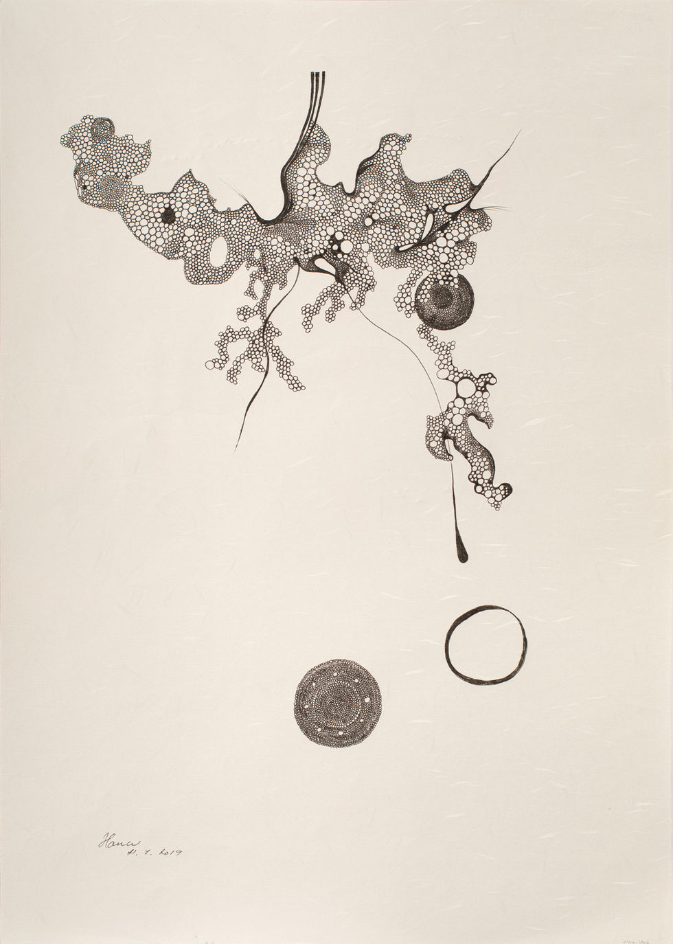 Série Bublinky, intuitivní kresba kaligrafickým perem na ručním papíru od Hany Pospíšilové.