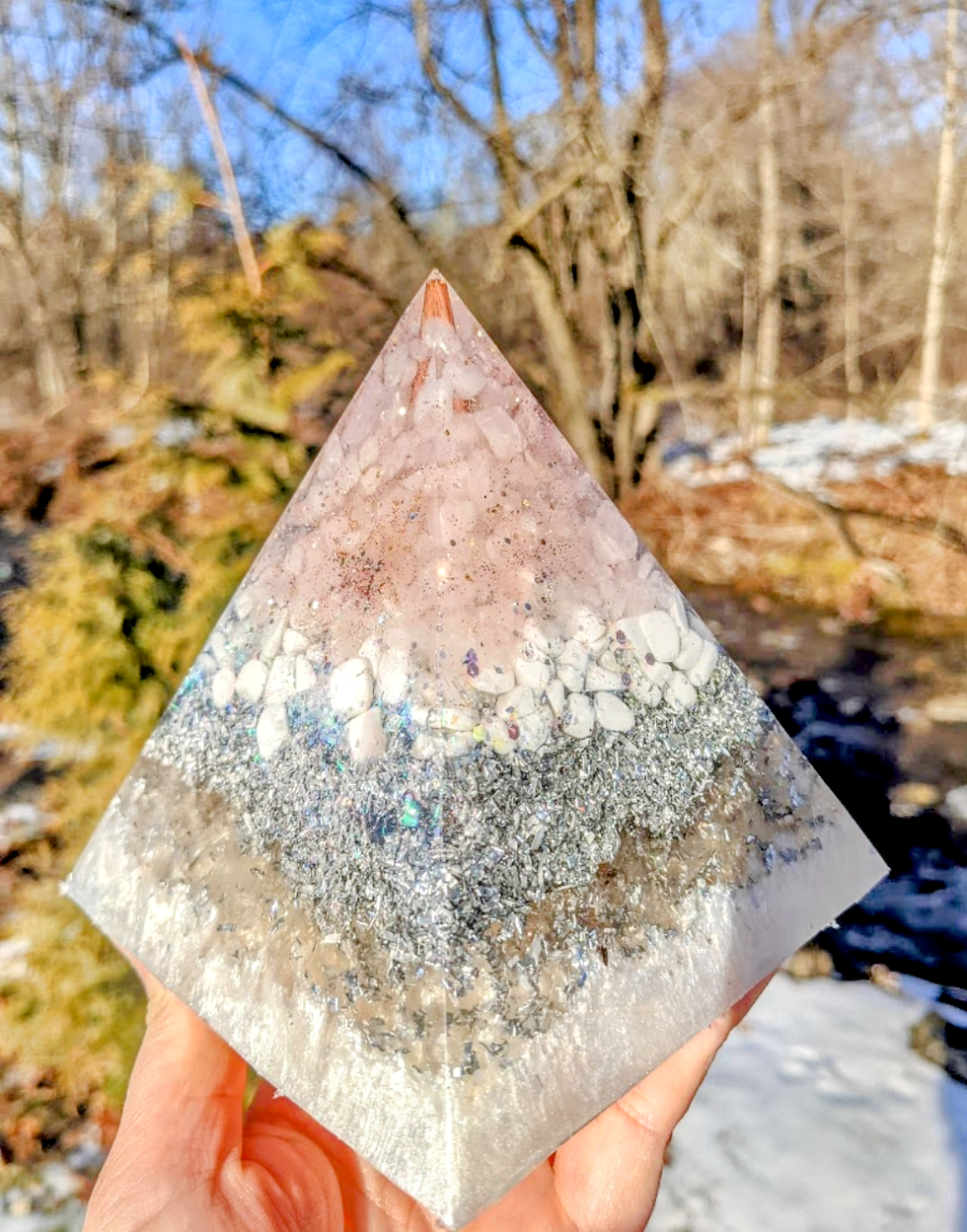 Thumbnail: LARGE Tall 'Guardian Angel of Peace Crystal Pointy Orgonite Pyramid (4.5" Tall)