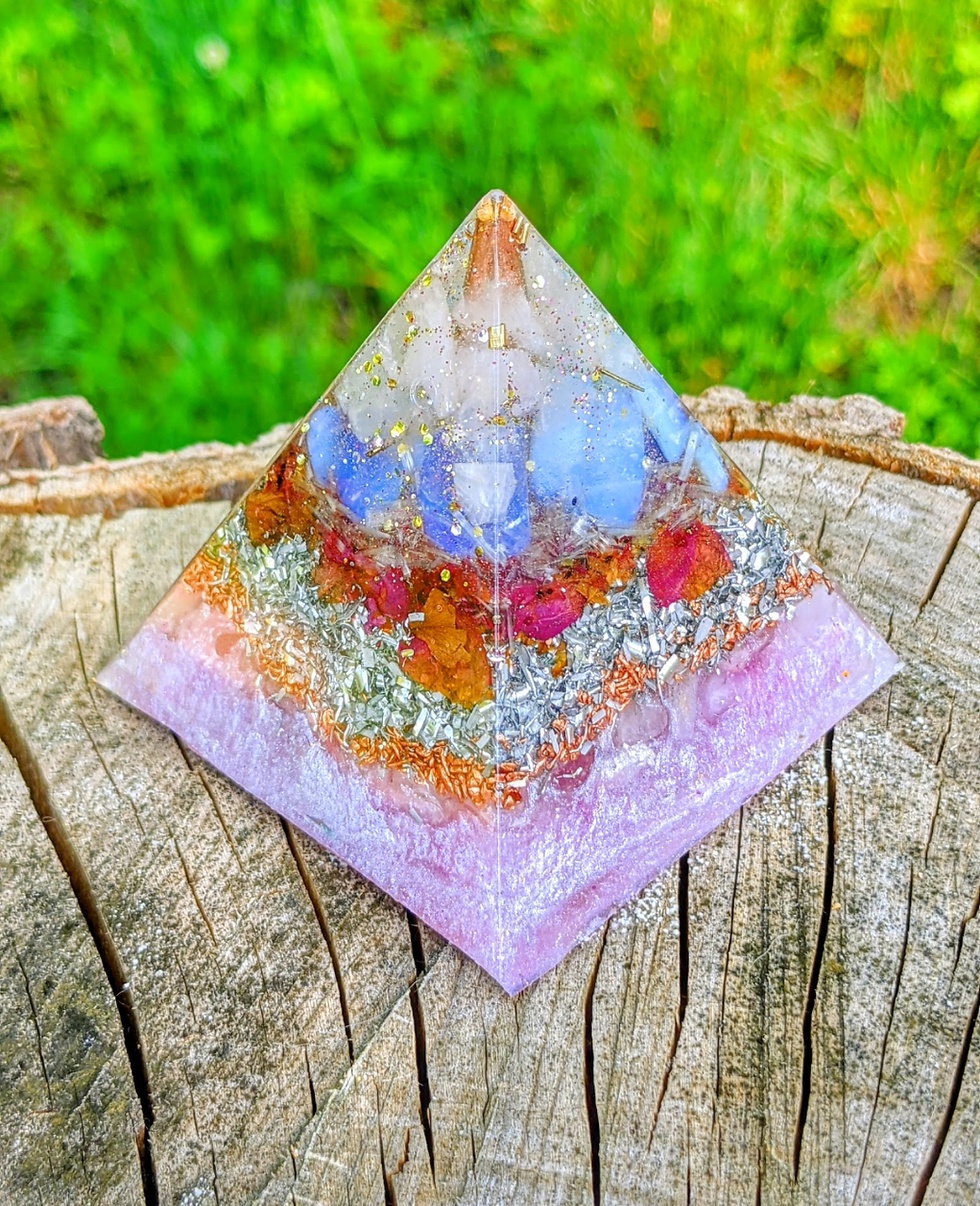 Thumbnail: NEW!  Tall Divine Love Crystal Orgonite Pointy Pyramid (2.5" tall)