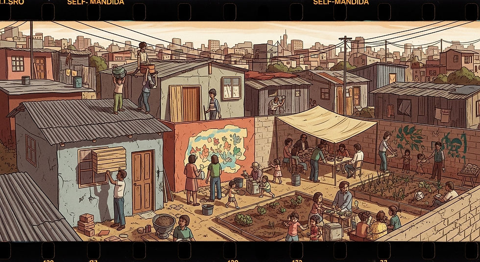 Gente trabaja en techos y un huerto comunitario. Un mural colorido adorna la pared. Ambiente de colaboración en un barrio urbano.