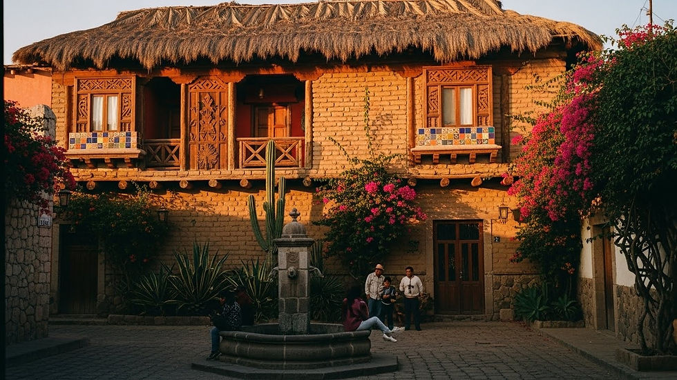 Casa de adobe con techo de paja y balcones de madera. Grupo de personas junto a una fuente, flores fucsias, atmósfera cálida al atardecer.