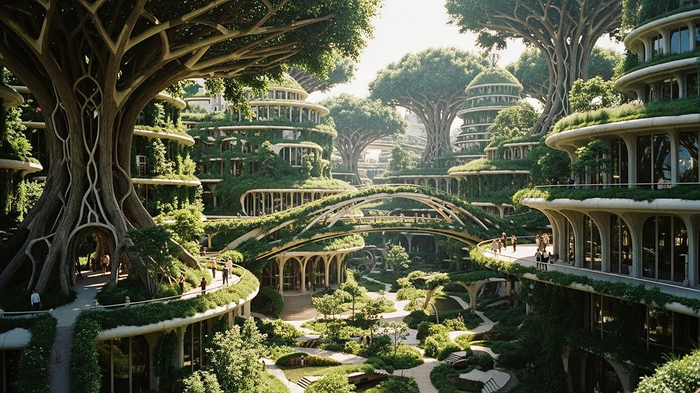 Ciudad futurista con arquitectura integrada en árboles gigantes. Personas caminan por puentes y terrazas verdes. Ambiente natural y armonioso.