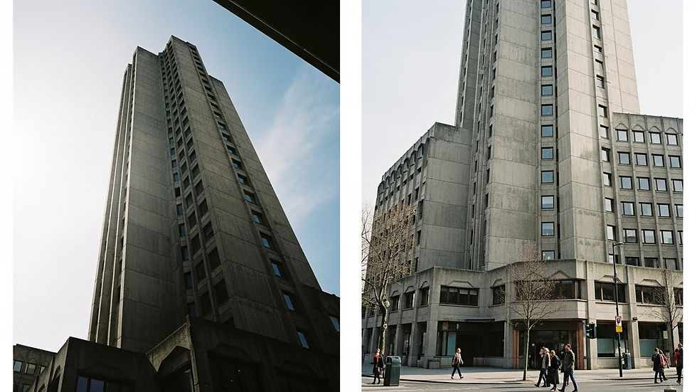 Edificio alto de concreto con ventanas, capturado desde abajo. Personas caminan en la calle. Cielo azul claro, ambiente urbano y moderno.