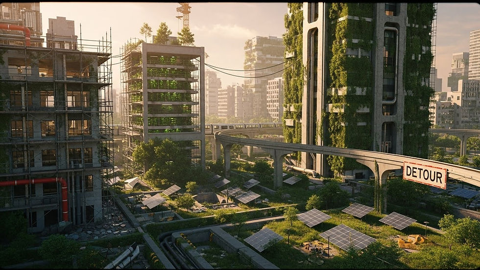 Ciudad futurista con edificios cubiertos de vegetación, paneles solares, tren elevado y letrero de "DETOUR". Ambiente verde y sostenible.