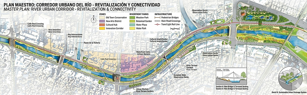 Plan maestro de corredor urbano fluvial con zonas de conservación, centros culturales y parques ribereños. Puentes y vías señalados.