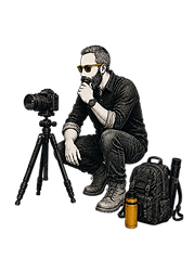 Ilustración de un fotógrafo barbudo con gafas junto a una cámara Sony en trípode; fondo urbano y textos sobre encuadre.