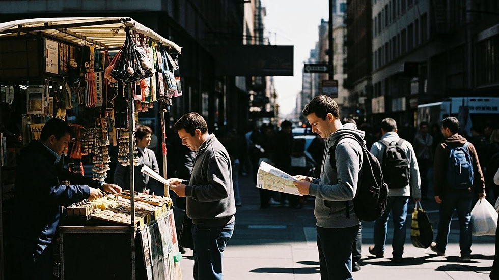 Hombre hojea mapas junto a un puesto de venta en una calle urbana concurrida, destacando los colores brillantes del puesto bajo la luz del día.