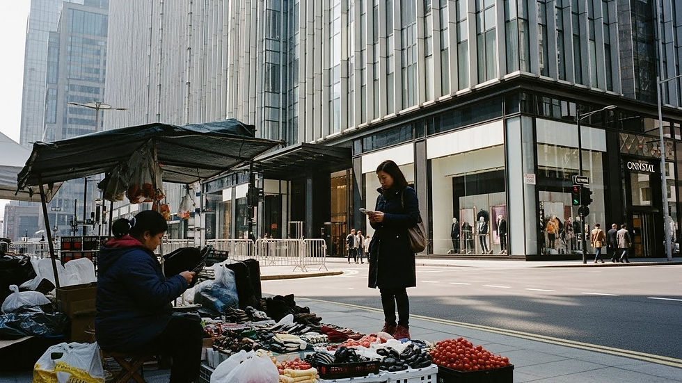 Mujer con móvil frente a un puesto de frutas en una calle urbana. Edificios altos al fondo, ambiente tranquilo y soleado.