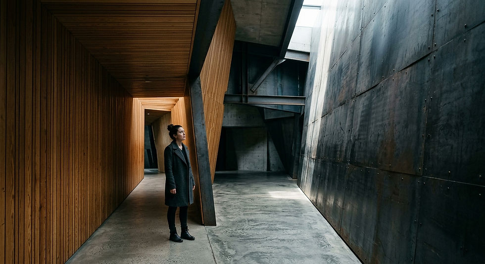 Mujer de pie en un pasillo moderno de madera y metal. Luces suaves, ambiente contemplativo. Vestida con abrigo oscuro, mira hacia arriba.
