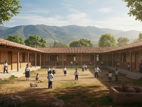 "Escuela rural en México construida con adobe, patio central con niños jugando y comunidad reunida alrededor, ejemplo de arquitectura comunitaria sostenible."
