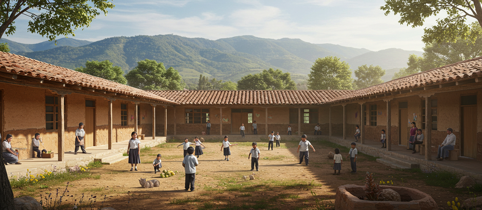 "Escuela rural en México construida con adobe, patio central con niños jugando y comunidad reunida alrededor, ejemplo de arquitectura comunitaria sostenible."