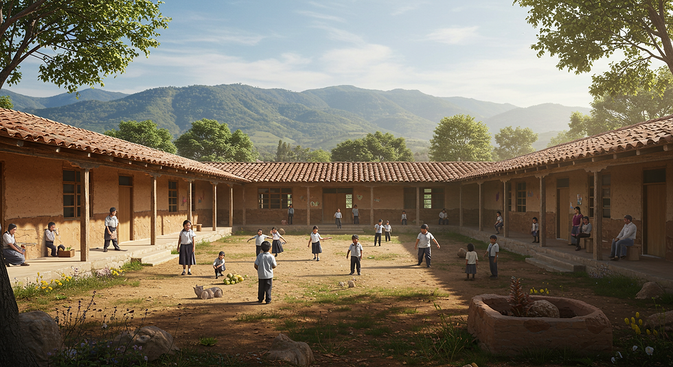Niños juegan en el patio de una escuela rural, rodeada de montañas y árboles. Las paredes son de adobe y algunas personas observan. Ambiente sereno.