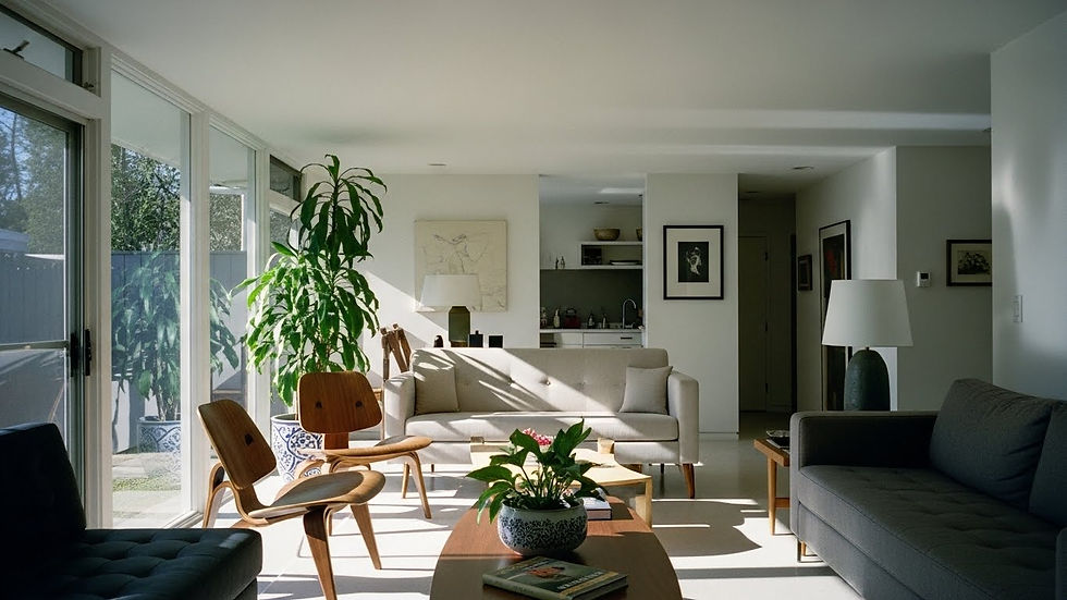 Sala luminosa con sofás grises, plantas en macetas y sillas de madera. Arte en las paredes, luz entra por grandes ventanas. Ambiente sereno.