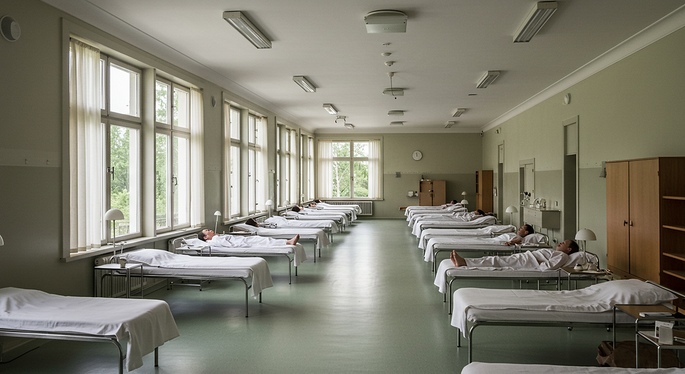 Sala de hospital con varias camas alineadas; pacientes descansan. Luz natural entra por ventanas grandes. Ambiente tranquilo y ordenado.