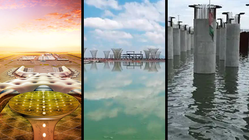 Panel tripartito: futurista diseño de aeropuerto al amanecer, columnatas reflejadas en agua bajo cielo azul, pilares de concreto en agua turbia.